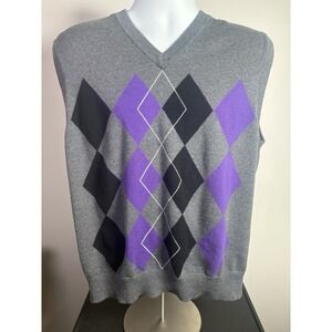 Pro Tour Men's Argyle Sleeveless Sweater Vest Size XL Gray With Black & Purple